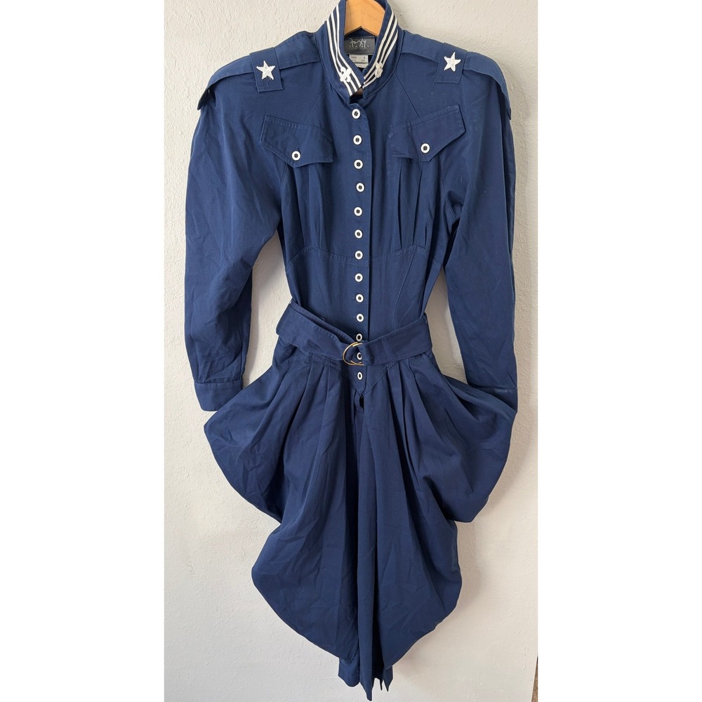 Foxy Lady Womens Vintage Military Harem Jumpsuit 8 Navy Blue Star Epaulette 80s